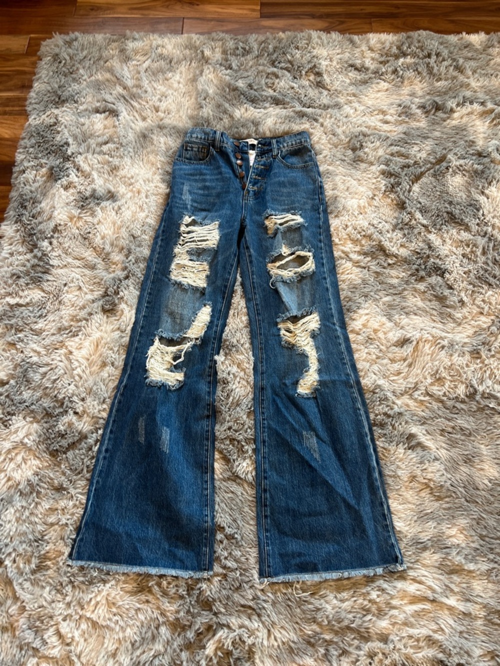Distressed High-Waist Wide-Leg Jeans - Dark Blue